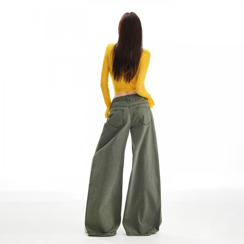 High-Waisted Wide Leg Cropped Loose Fit Denim Pants Women 2026 Washed Cotton Blend