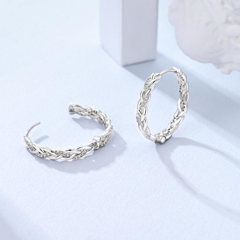 Brincos de Argola Originais em Prata 925 Brilhantes Enrolados Tecidos para Mulher Acessórios de Joalharia de Moda de Alta Qualidade