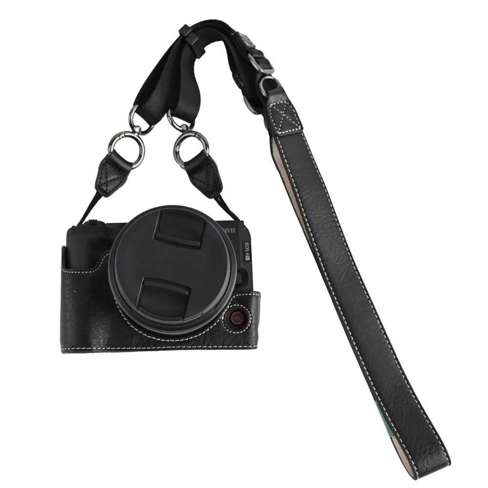 R50V PU Leder Kamera Halbtasche für Canon EOS R50V Batterieöffnung Bodenabdeckung mit Riemen