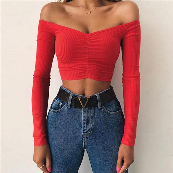

Women Word Shoulder Wrapped Chest Long Sleeve Solid Color Tops