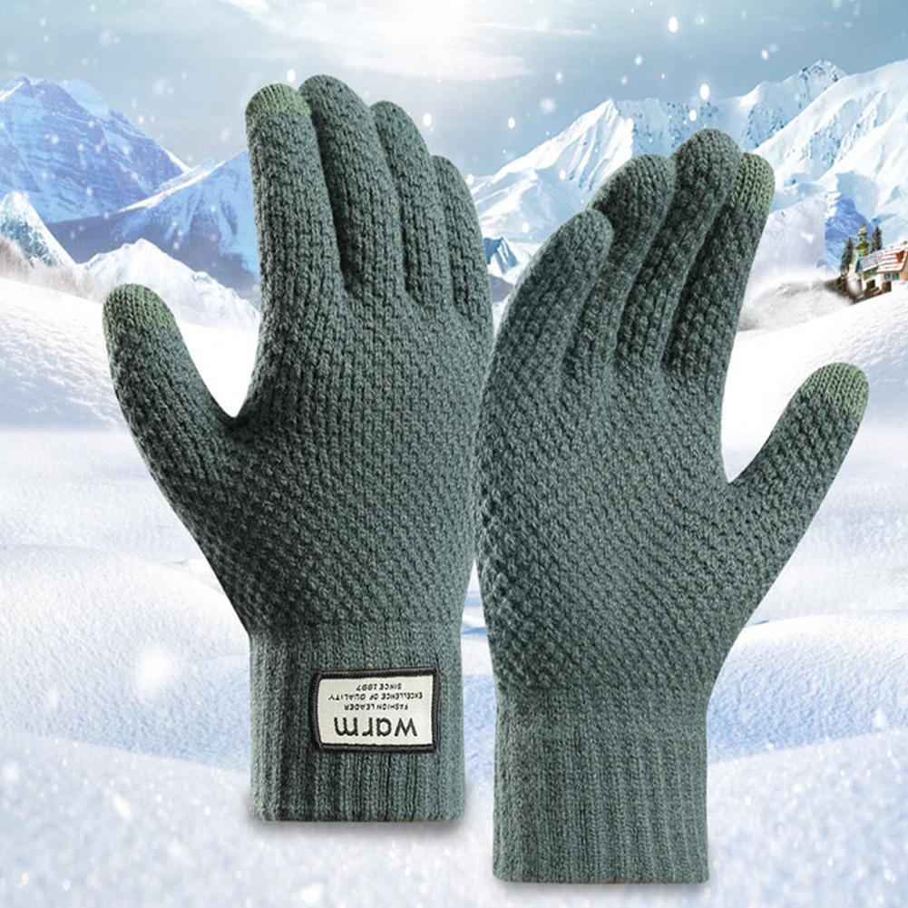 For Men Knitted Thick Solid Fleece Gloves Cold Resistant Touch Screen Thicken Lining Skiing Winter Full Fingered Mittens