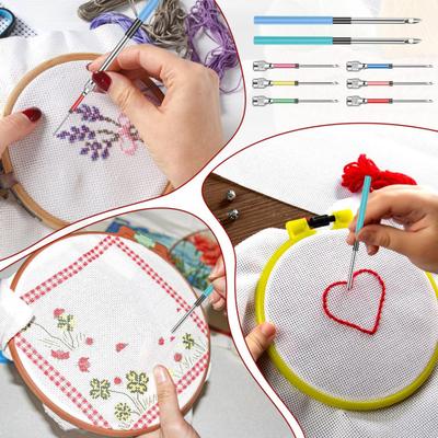 Broderi Punch Needle Set Komplett Punch Needle Set med Nålträdare Rostfria Nålar med Trähandtag för Vuxna Nybörjare DIY Hantverk
