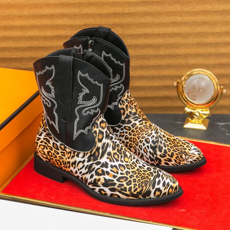 

Foreign trade large size leopard print flat bottom thick heel Martin boots men s autumn and winter European and American outer wear zipper low top pri 39 черный серый
