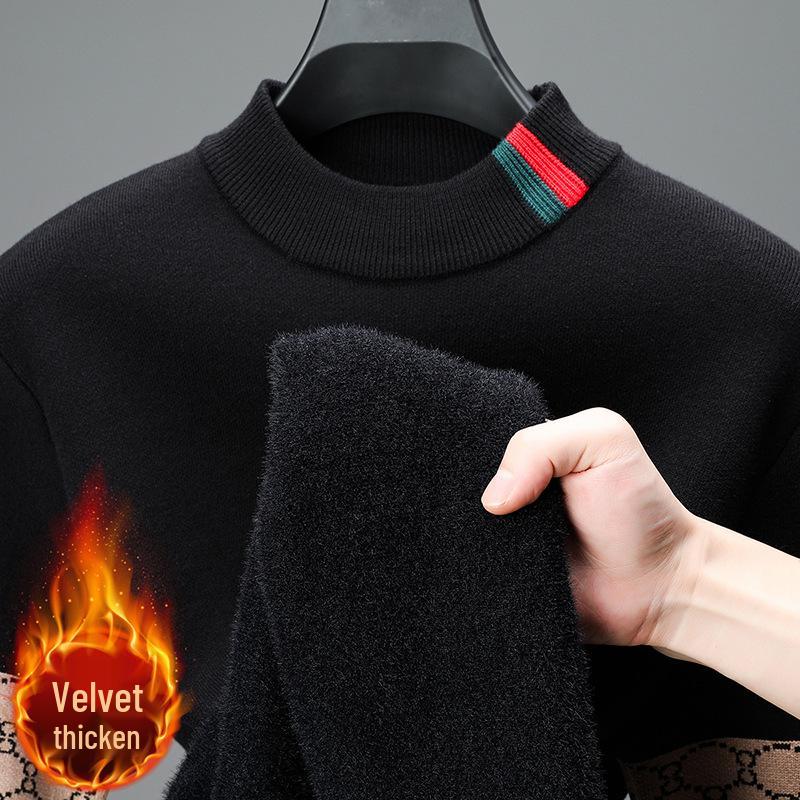 Men s Winter Thickened Velvet Jacquard Knit Sweater with Half-High Collar M чёрный