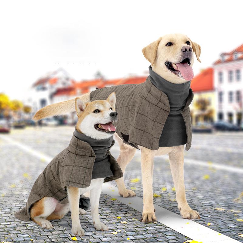 Thickened British Style Luxury Designer Dog Clothes High-neck Fashionable Plaid Dog Jacket with Leash Hook Large Dogs Dresses