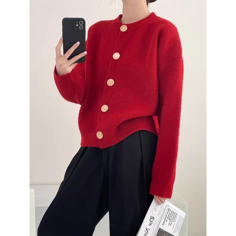 Autumn Winter Round Neck Solid Color Simple Knitting Outwear Women Casual Fashion Cardigan Coat Button Top