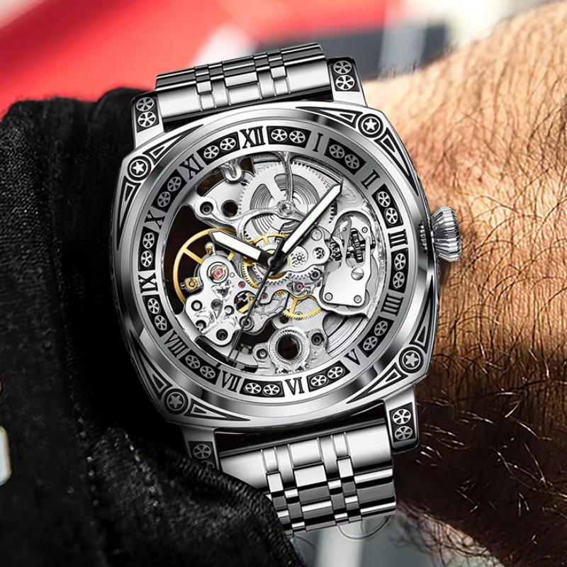 TEVISE Skelett Mechanische Uhr Herren Vintage Graviert Automatik Mechanische Armbanduhren Silber Edelstahlarmband