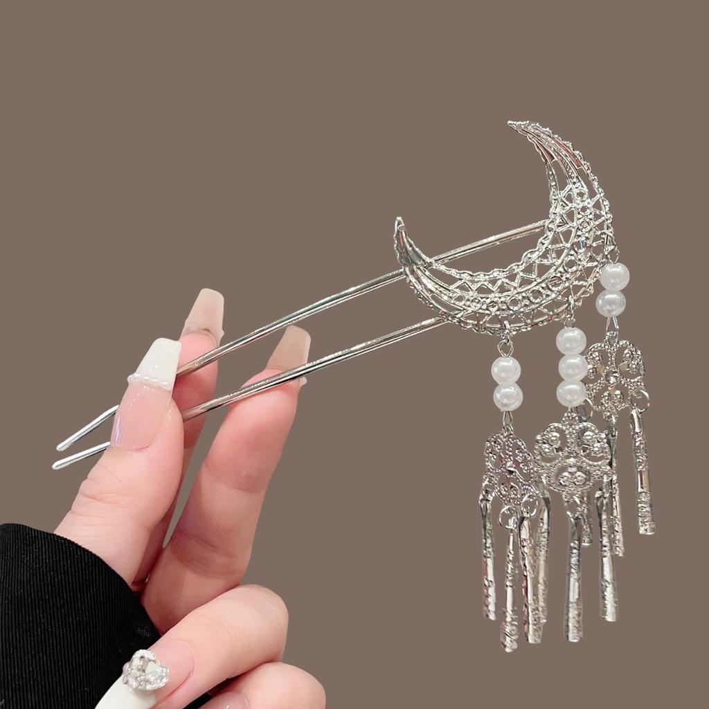 1pc Silver Moon Hair Stick Intricate Filigree Design Pearl Tassel Charms Perfect Gothic Celestial Hairstyles Unique Personality