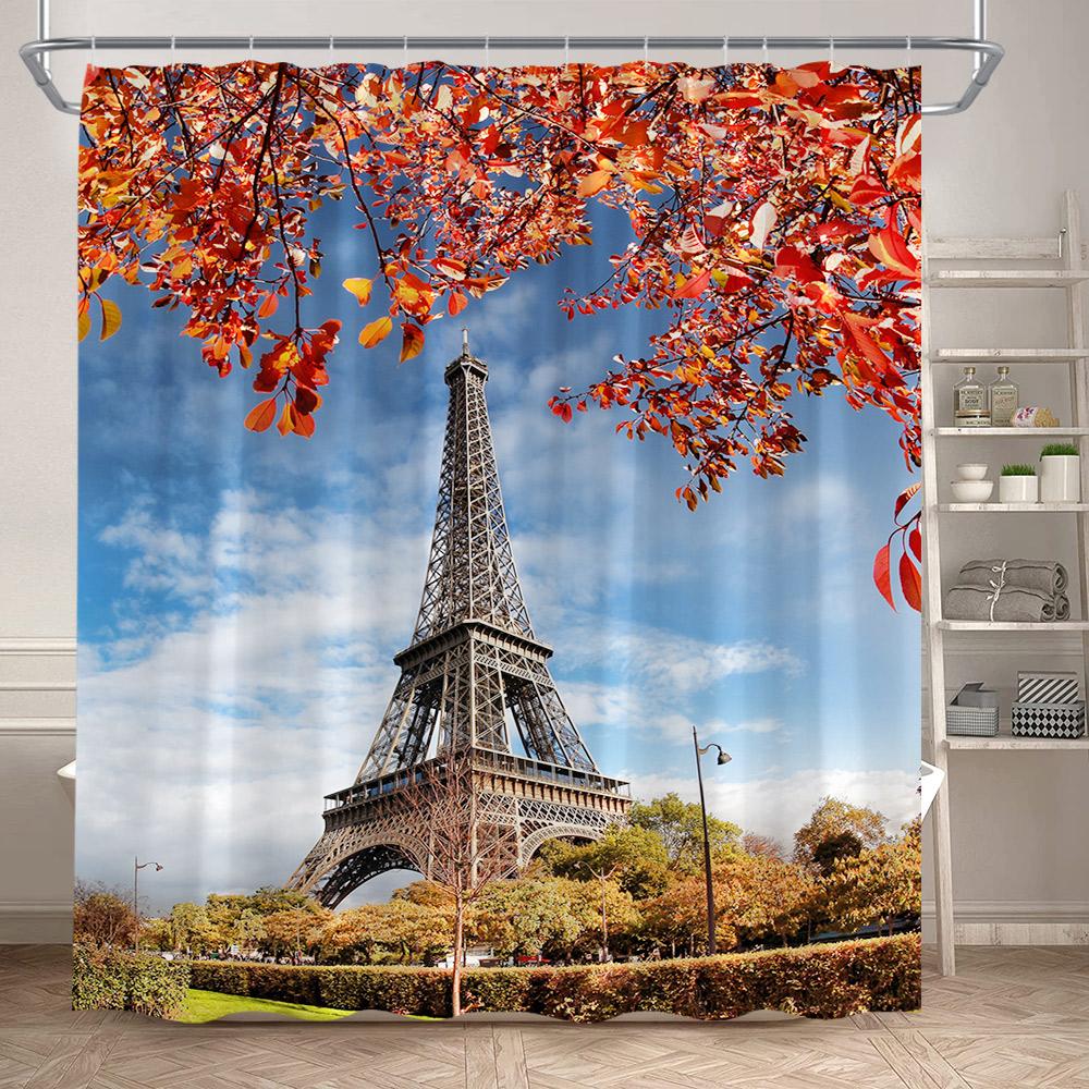 Rideau de douche Tour Eiffel Paris Paysage urbain européen Peinture à l'huile Décor romantique de baignoire Rideau de bain moderne en polyester avec crochets
