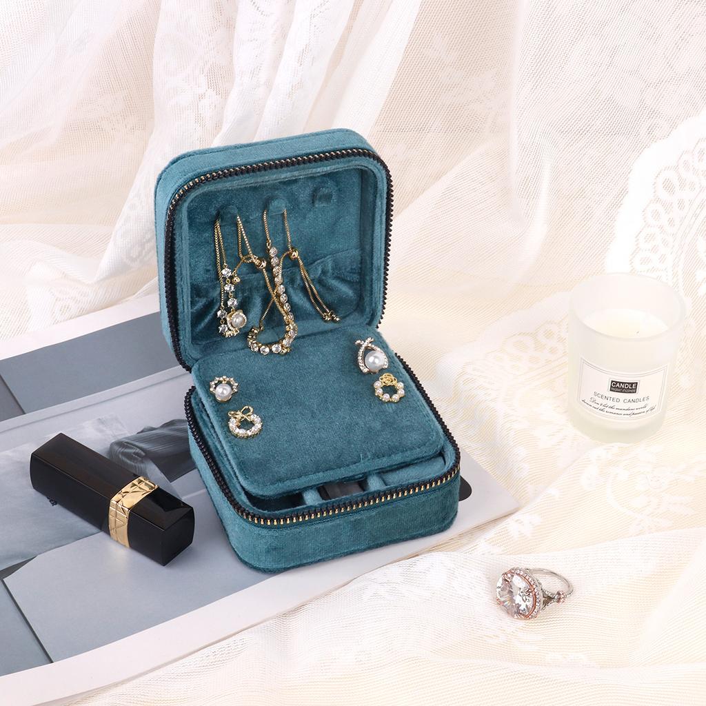 Rhombus Velvet Jewelry Box with Mirror Women Travel Portable Earrings Ring Necklace Storage Display Jewelry Organizer Box