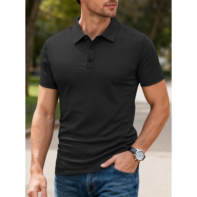 High-end Mesh Seersucker Ice Silk Short-sleeved Men's Lapel Summer Solid Color Large Size POLO Shirt Breathable Waffle Texture Men Lapel Short