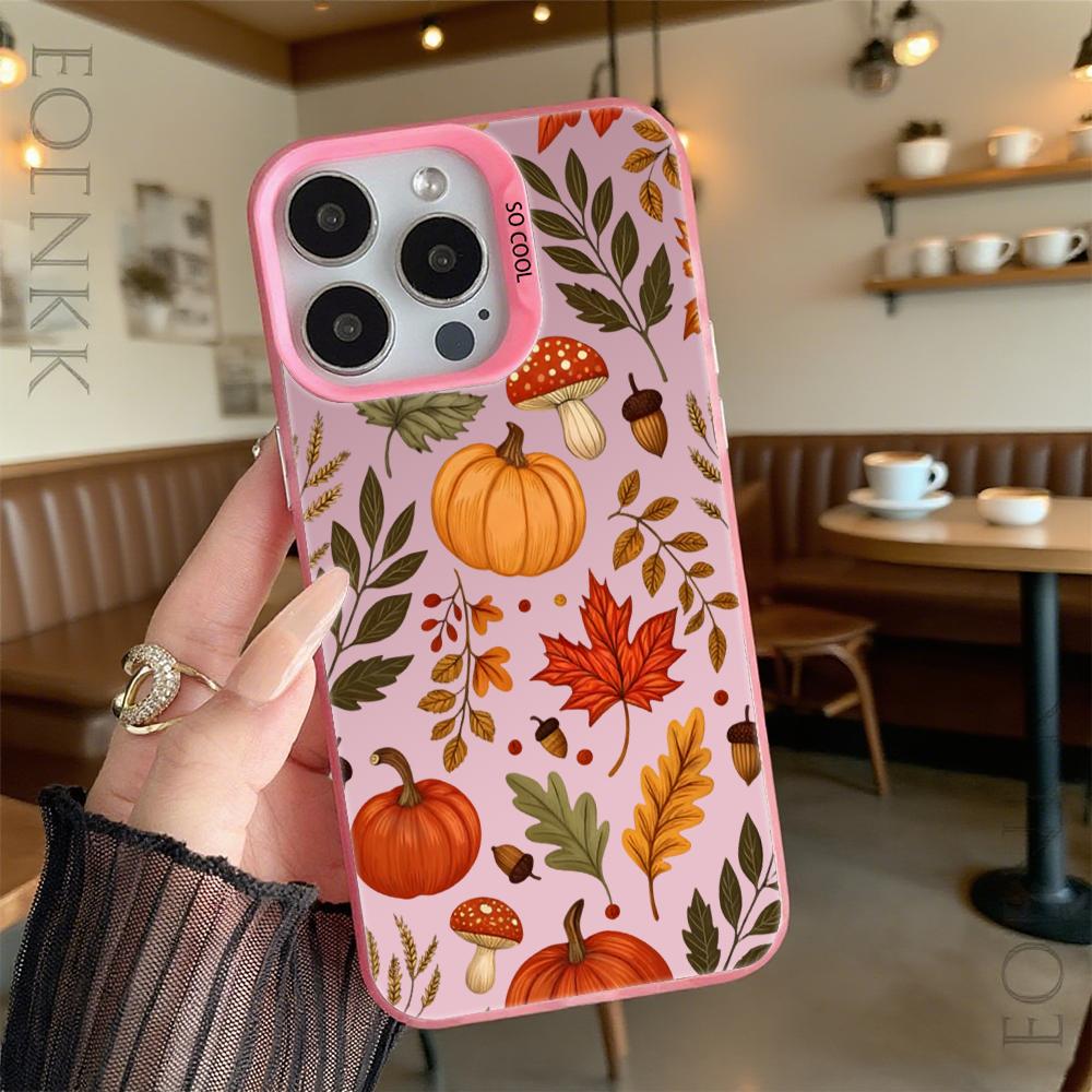Autumn Pattern Pumpkins Leaves Hard Phone Case for Iphone 16 15 14 13 12 11Pro Max Mini Shockproof Anti-Scratch Protective Cover