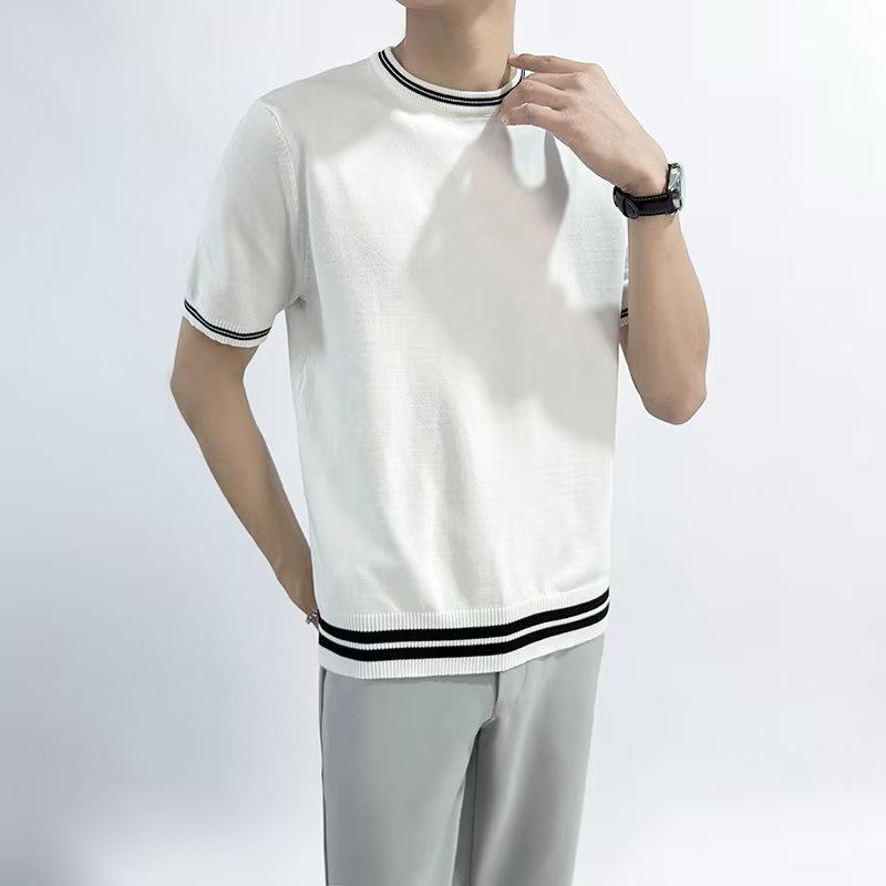 Men's Summer Slim Fit Knitted Sweater Tee - Korean Style Round Neck Short Sleeve Casual Top