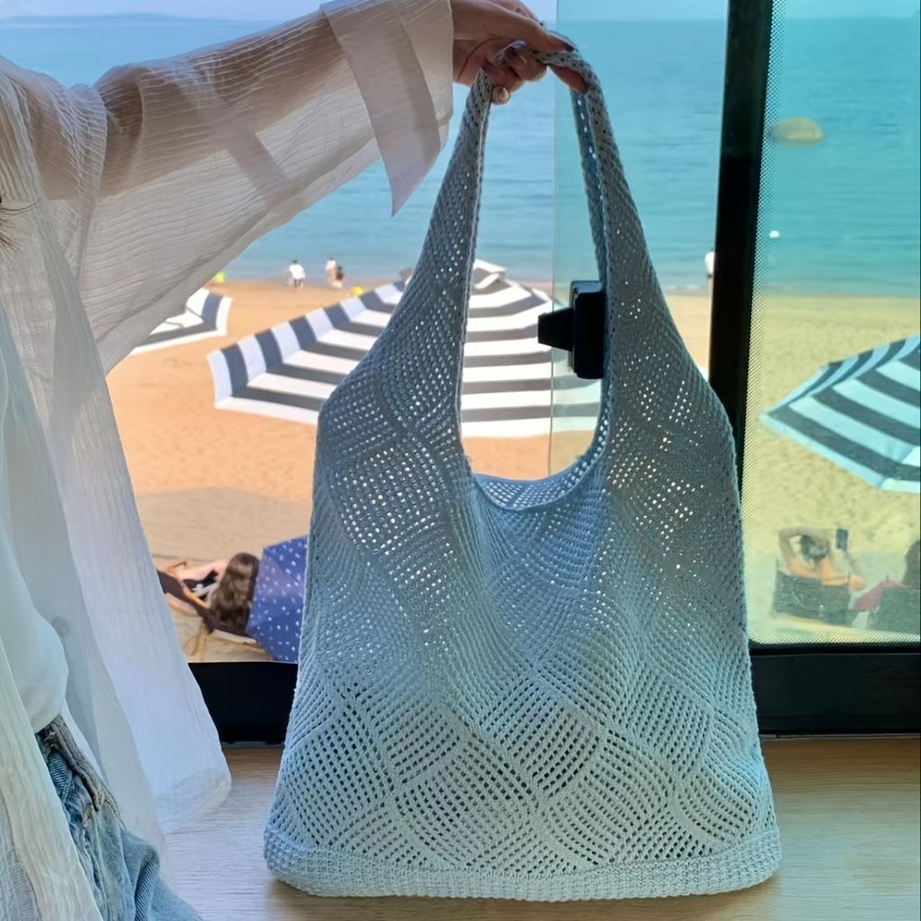 Atmungsaktive Strick-Tragetasche – Offene Strick-Umhängetasche für den Sommer mit geräumigem Design und geringem Gewicht für Strand, Shopping und Freizeitausflüge, Strand-Tragetasche