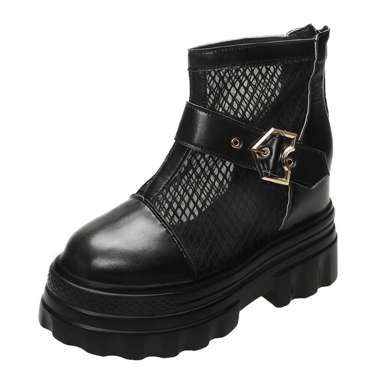 Fashion Mesh Breathable Summer Ankle Boots for Women Hollow Out Thick Bottom Cool Boots Woman Chunky Platform Punk Motorcycle Booties