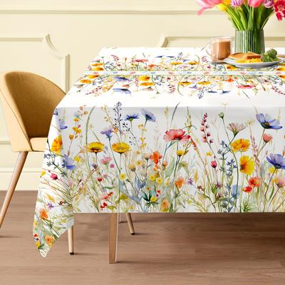 Spring Watercolor Floral Tablecloth for Rectangular Tables - Machine-Made Polyester Table Cover with Vibrant Flowers, Durable & Easy-Clean