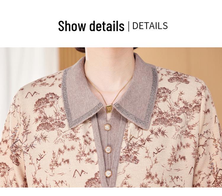 Mother's Spring Long-Sleeve Lapel Top for Middle-Aged Women in 50s-60s