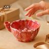 Decorative Fruit Display Dish Ceramic Berry Bowl, Self Rinsing with Drainage Hole Washing Flower Shaped Basket Glazed Bowl for Kitchen Countertop