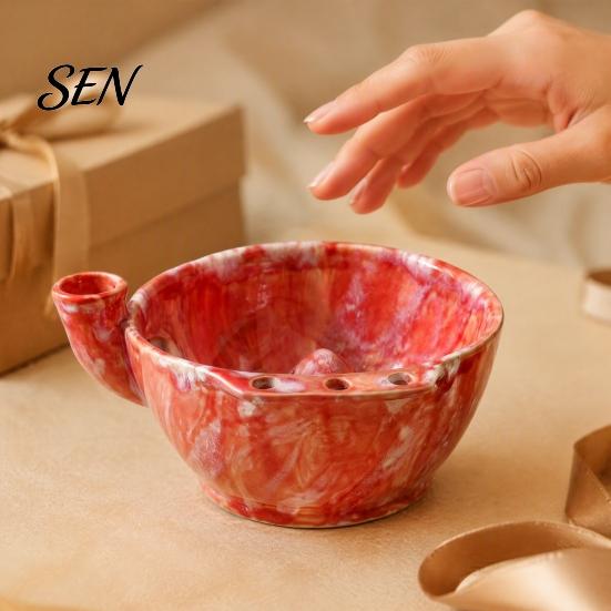 Decorative Fruit Display Dish Ceramic Berry Bowl, Self Rinsing with Drainage Hole Washing Flower Shaped Basket Glazed Bowl for Kitchen Countertop