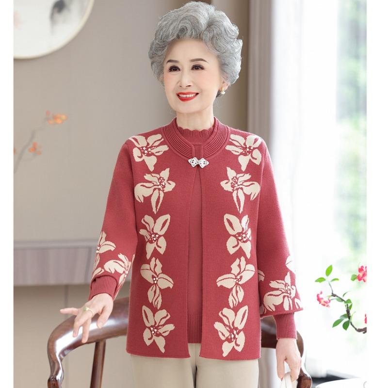 

Новый вышитый трикотажный топ большого размера, универсальный свитер для среднего и пожилого возраста, весенне-осенняя трикотажная куртка-свитер с круглым вырезом для мамы 4XL розовый