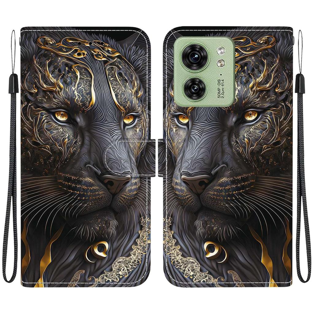 Handmade PU Leather Flip Case for Motorola Edge 40 Anti-Slip Shockproof Cover with Wrist Strap & Heart/Rose Cat Designs