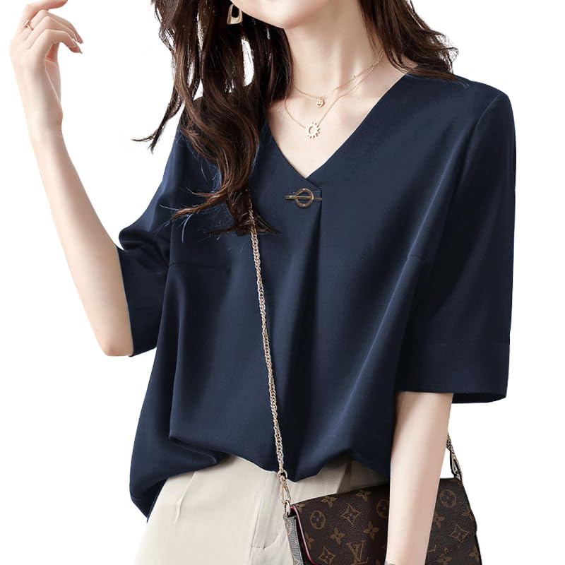 short for summer [Yino] Shirts, blouses, women's, sleeves, tops, V-neck, decorative, tucks, body-concealing, slimming, loose, plain, simple,