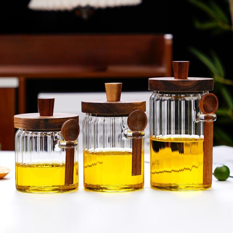 New household thickened honey storage tank with stirring stick Acacia wood cover transparent glass food sealed jar