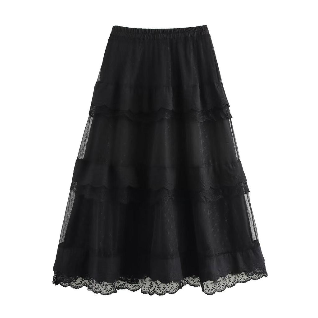 Spring 2025 Women's European & American Lace Trim Puff Midi Skirt