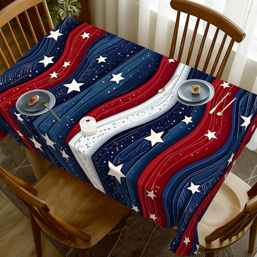 1pc, American Flag Wavy Tablecloth, Polyester Material, Red, Blue, and White Wavy Stripes, Suitable for Independence Day, Patriotic Themes, Trendy Par