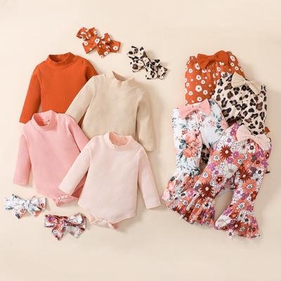 Newborn Infant Baby Girl Fall Clothes Solid Long Sleeve Romper + Floral Pants 3pcs Outfits with Headband