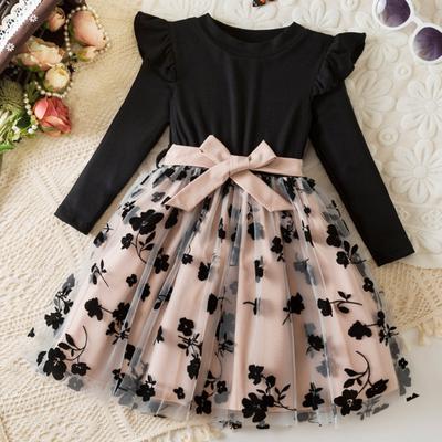 Girls Fashion Cute Rose Mesh Princess Dress Long Sleeve Fly Fly Sleeve Dresses