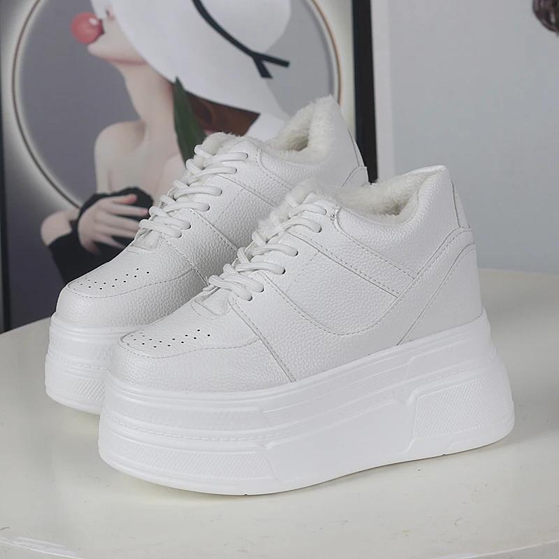 Fashion Woman Plush Warm Winter Sneakers Women High Top Cotton Sport Shoes 12CM Casual Lace Up Female Platform Shoe Zapatillas Mujer