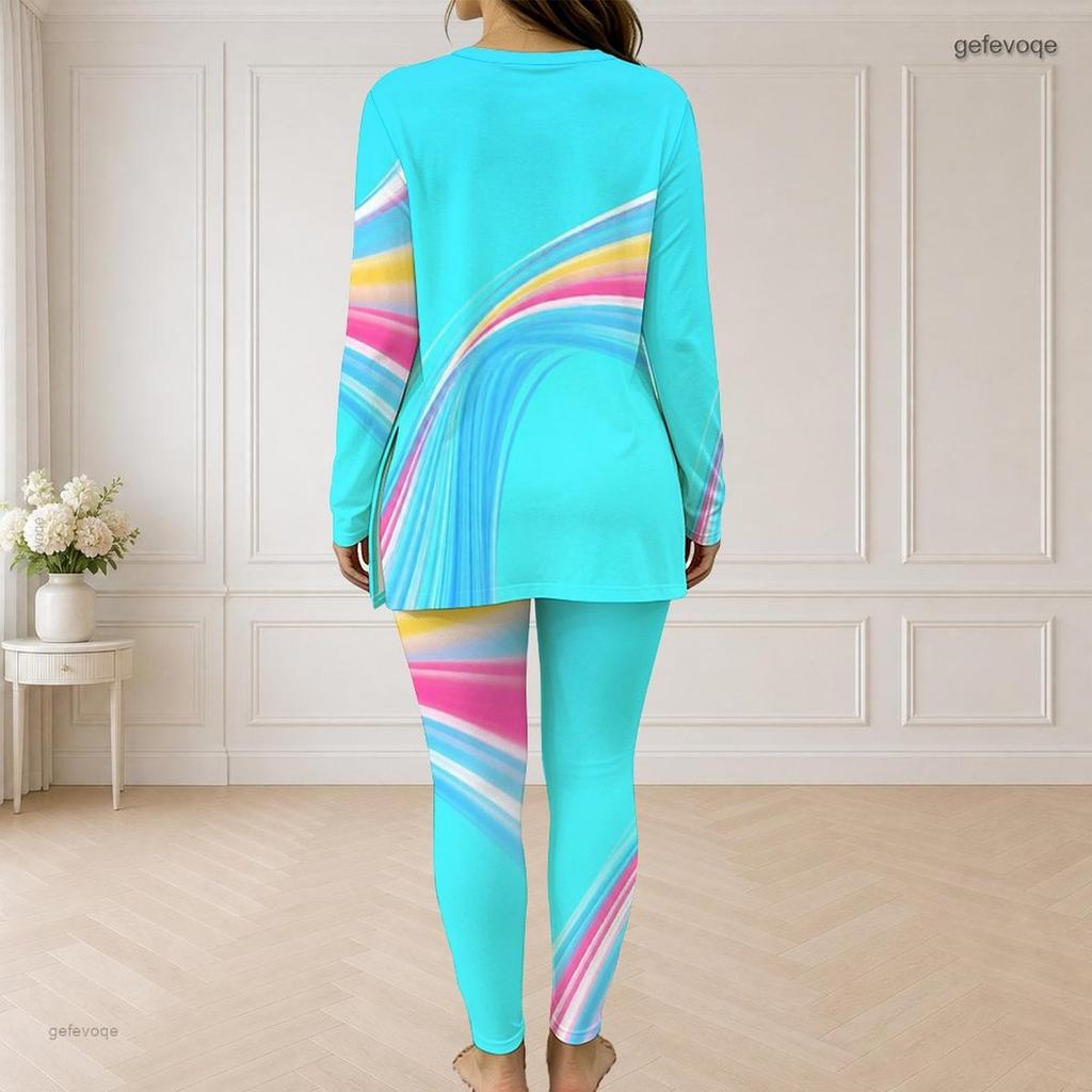 Women Plus Size Printed Two Piece Set Half Zip Long Sleeve Longline Top Fitted Pants