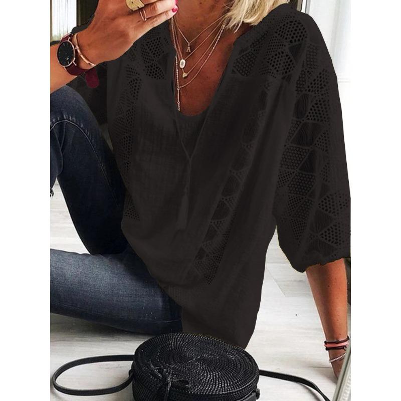 BITCED Women's Fashion Casual Solid Color Print 3/4 Sleeves V Neck Blouses & Shirts