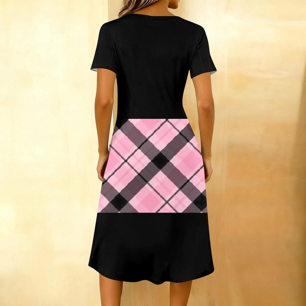 Women's Fashionable Retro Printed Round Neck Short Sleeved Button Neck Mid Length Casual Dress