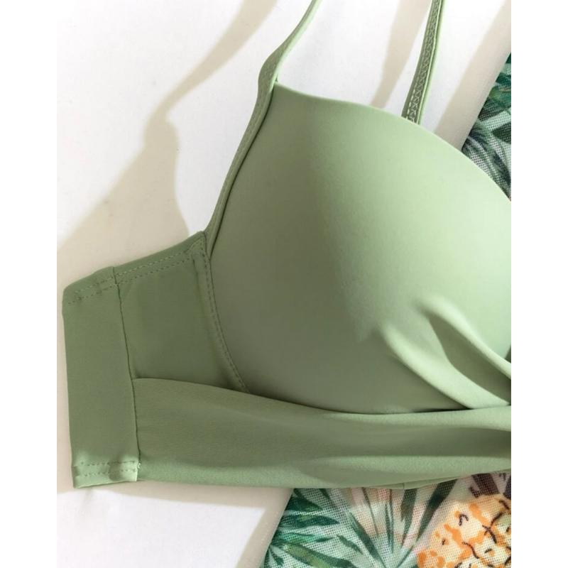 Dámská sada bikin s květinovým potiskem Sexy třídílná plážová pokrývka nahoru Push Up Léto s dlouhým rukávem Twist plavky