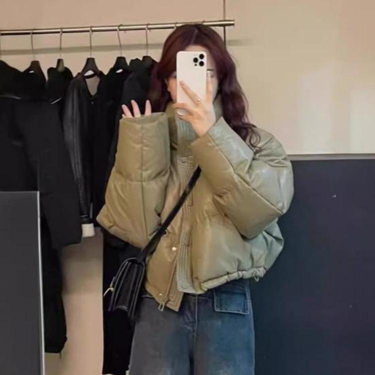 Winter Warm Women Cotton Coat Stand Collar Thickened Lightweight Long Sleeve Solid Color Outwear with Pockets