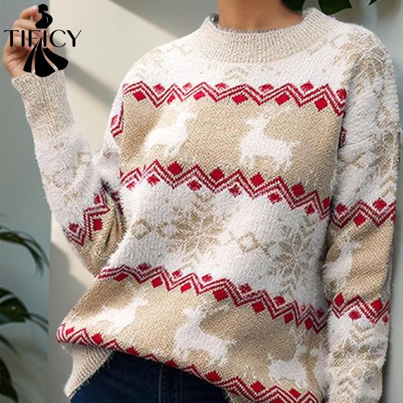 TIFICY Pulls à manches longues et col rond pour femme, style décontracté, automne-hiver