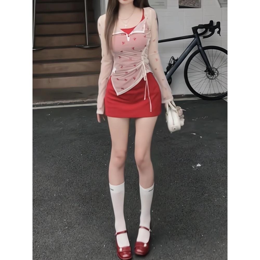 Summer style hot girl short skirt slim slimming slip dress + sunscreen cover-up T-shirt suit for women