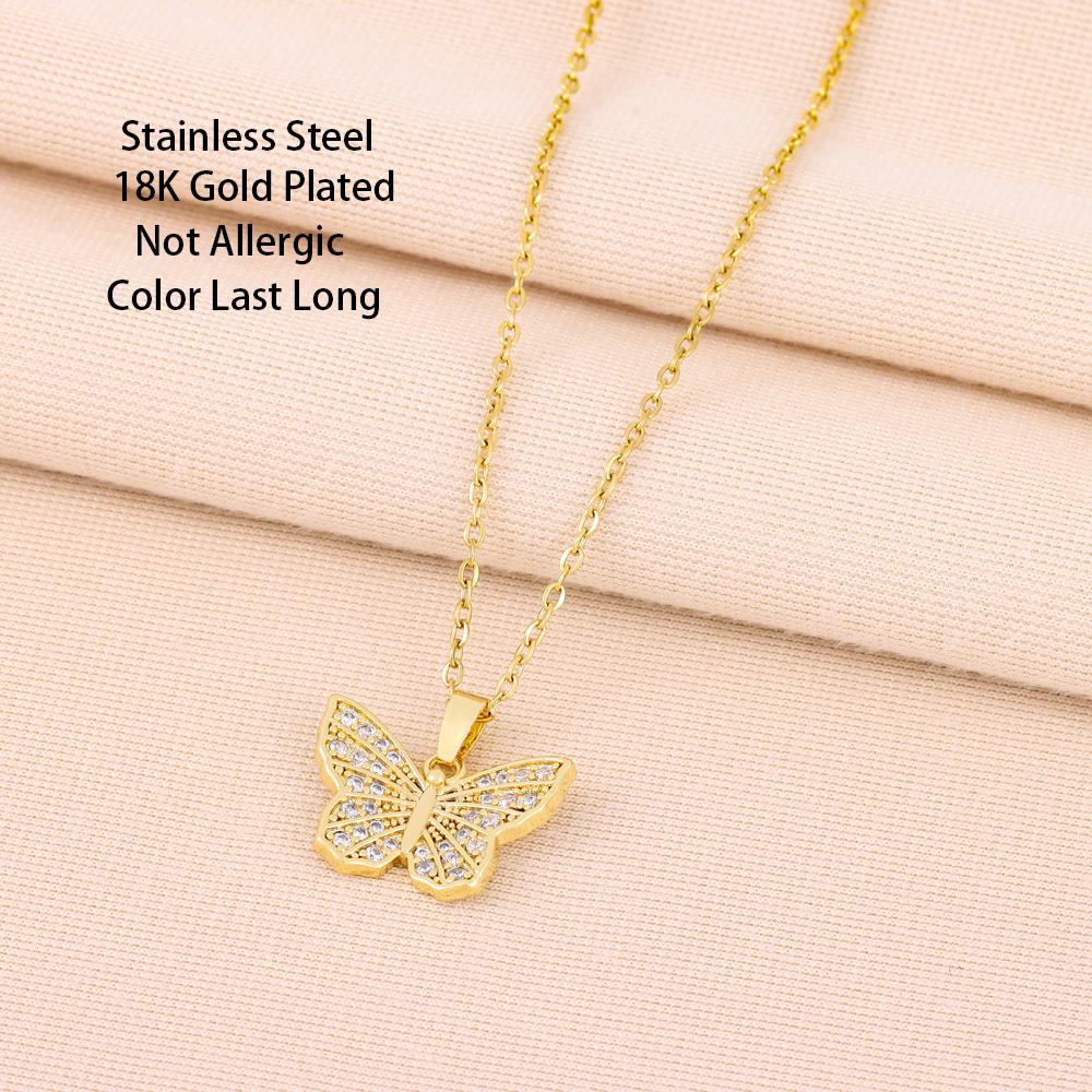 New Gold Plated Sweet Zircon Crystal Butterfly Pendant Necklaces For Women Trendy Ladies Stainless Steel Neck Chain Jewelry