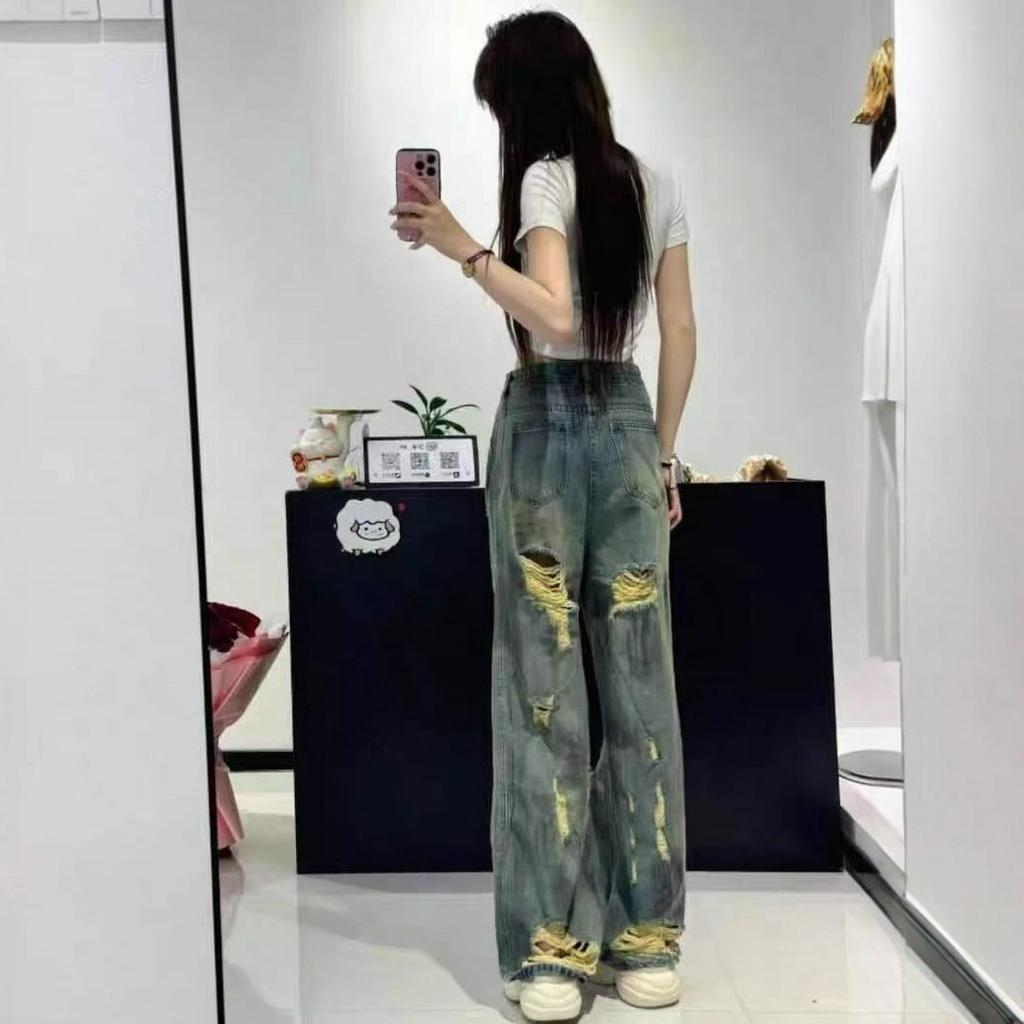 Broken Hole Big Yard High Street Denim Jeans Women Summer High-Waisted Loose Slim Drag Floor Wide-Leg Pants Retro Street Style Baggy Jeans for Ladies