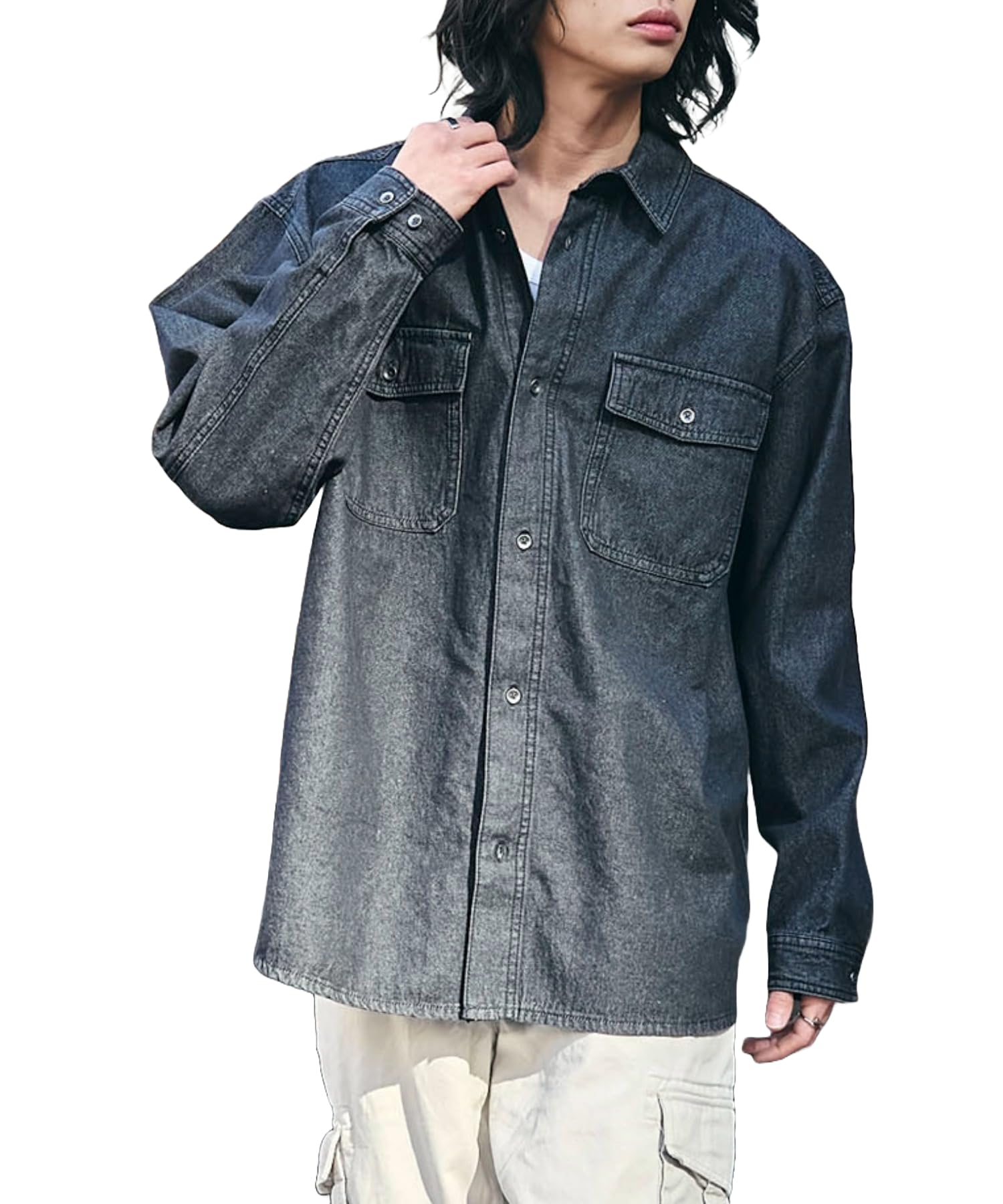 

WEGO Джинсовая рубашка с длинным рукавом, размер деним, длинная, оверсайз, зимняя, мужская, L, черная, унисекс, повседневная, весенняя, уличная мода, простая, рукава, силуэт, подарок,