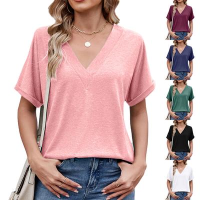 Women's Solid Color Large V-neck Loose Short-sleeved T-shirt Tops Are Fashionable And Versatile