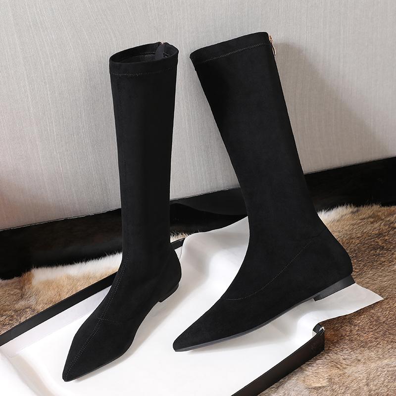 

Эластичные современные женские сапоги до колена, модные туфли с острым носком, осень-зима, лаконичные длинные Botas De Mujer 39 чёрный