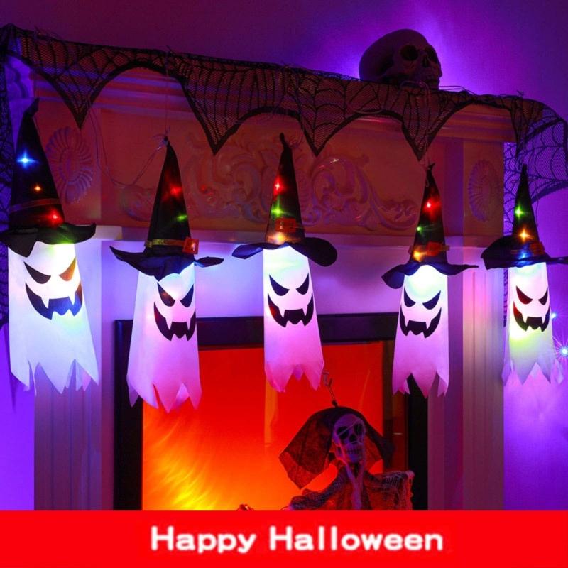 Halloween Decoration Flashing Light LED Skull Festival Dress Up Glowing Wizard Hat Lamps Hanging Decoration Kid Gift