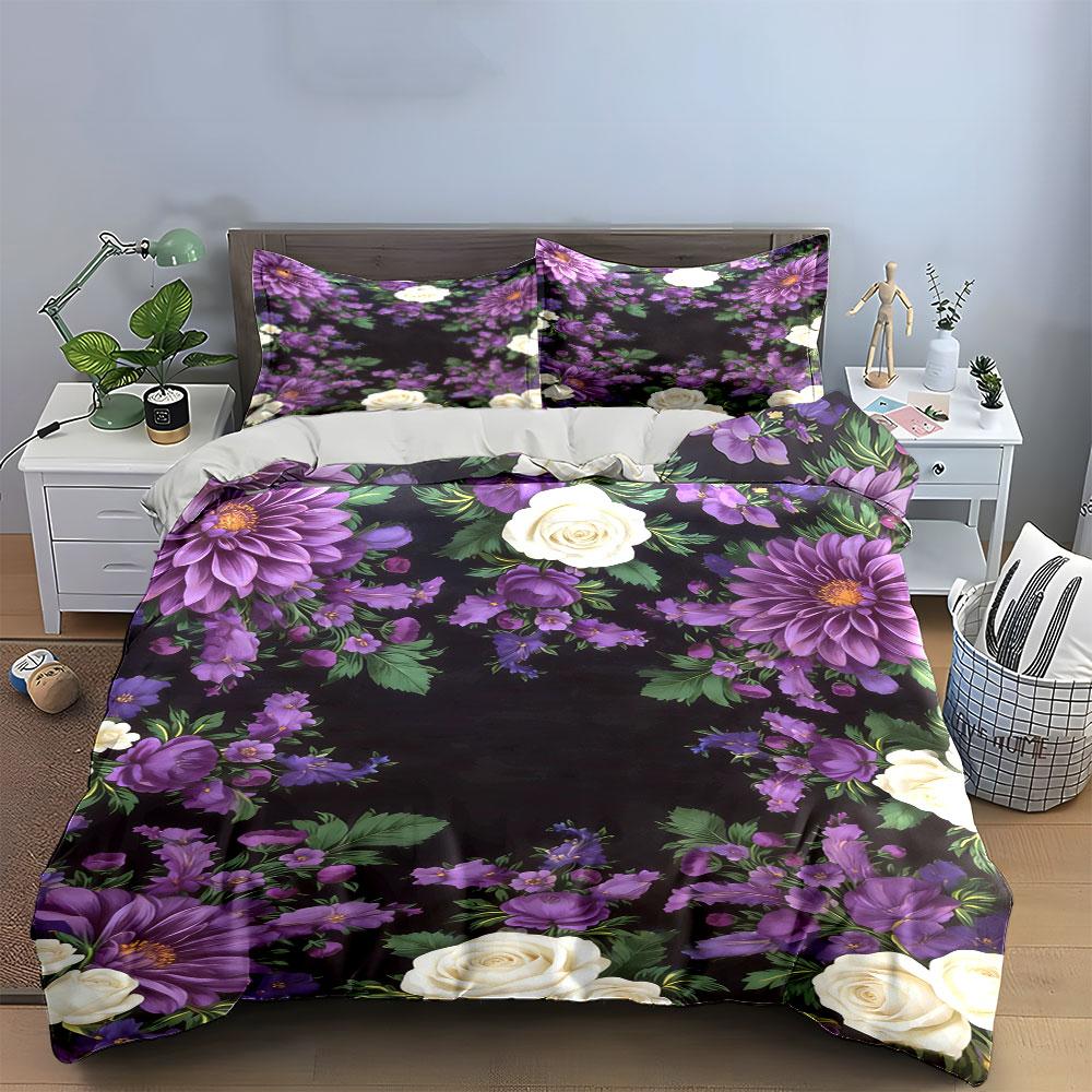 Purple and white floral Bedding sets Duvet cover sets Duvet covers Pillowcases(1 * Duvet Cover 2 * Pillowcases, without duvet insert)