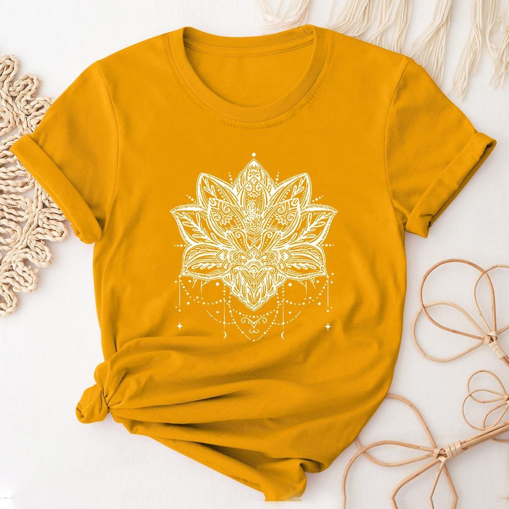 Plus Size Casual T-shirt, Women's Plus Mandala Print Short Sleeve Round Neck Slight Stretch T-shirt