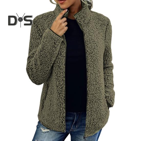 

Зимняя женская куртка с двойными карманами, толстый флисовый кардиган на молнии с длинными рукавами, теплое ветрозащитное удерживающее тепло уличное пальто S армия зеленый