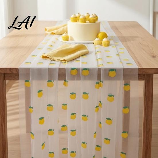 Seasonal Fruit Table Runner Sheer Tulle Lemon Pattern Cherry Runner Strawberry Summer Wedding Reception Tablecloth Overlay