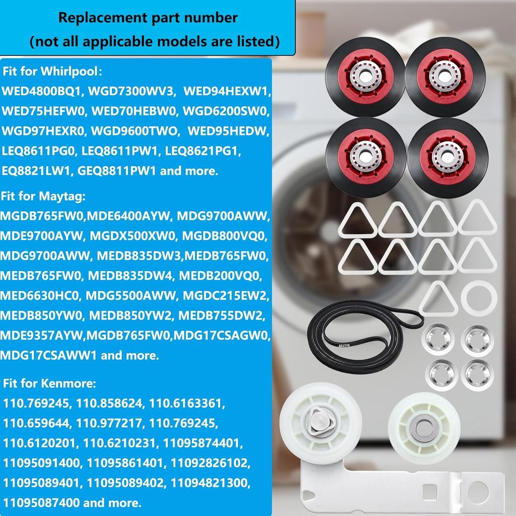 Upgrade 4392067 Dryer Repair Kit with 661570 Dryer Drum Belt & W10837240 Dryer Idler Pulley - Replacement Part for Whirlpool Kitchen-Aid Kenmore